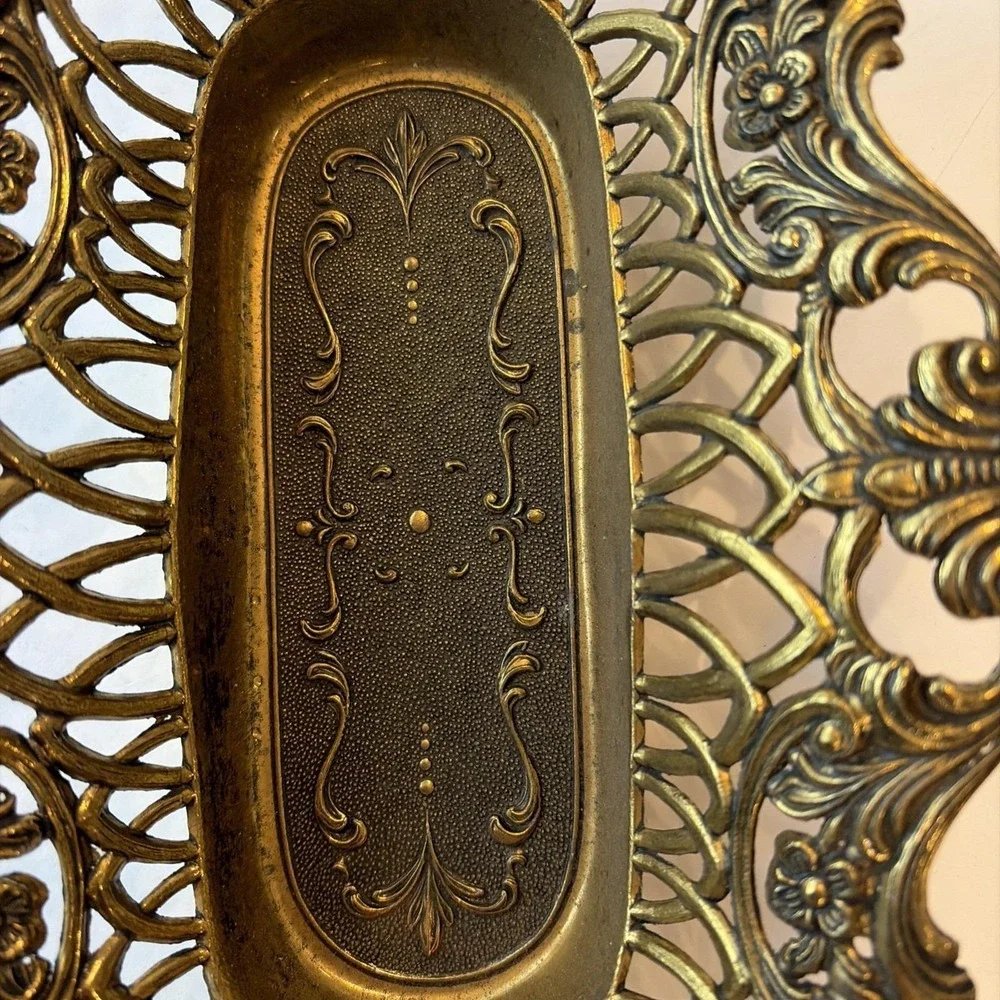 Vintage Italian Ornate Gilt Brass Pierced Footed Vanity Dresser Tray Made Italy